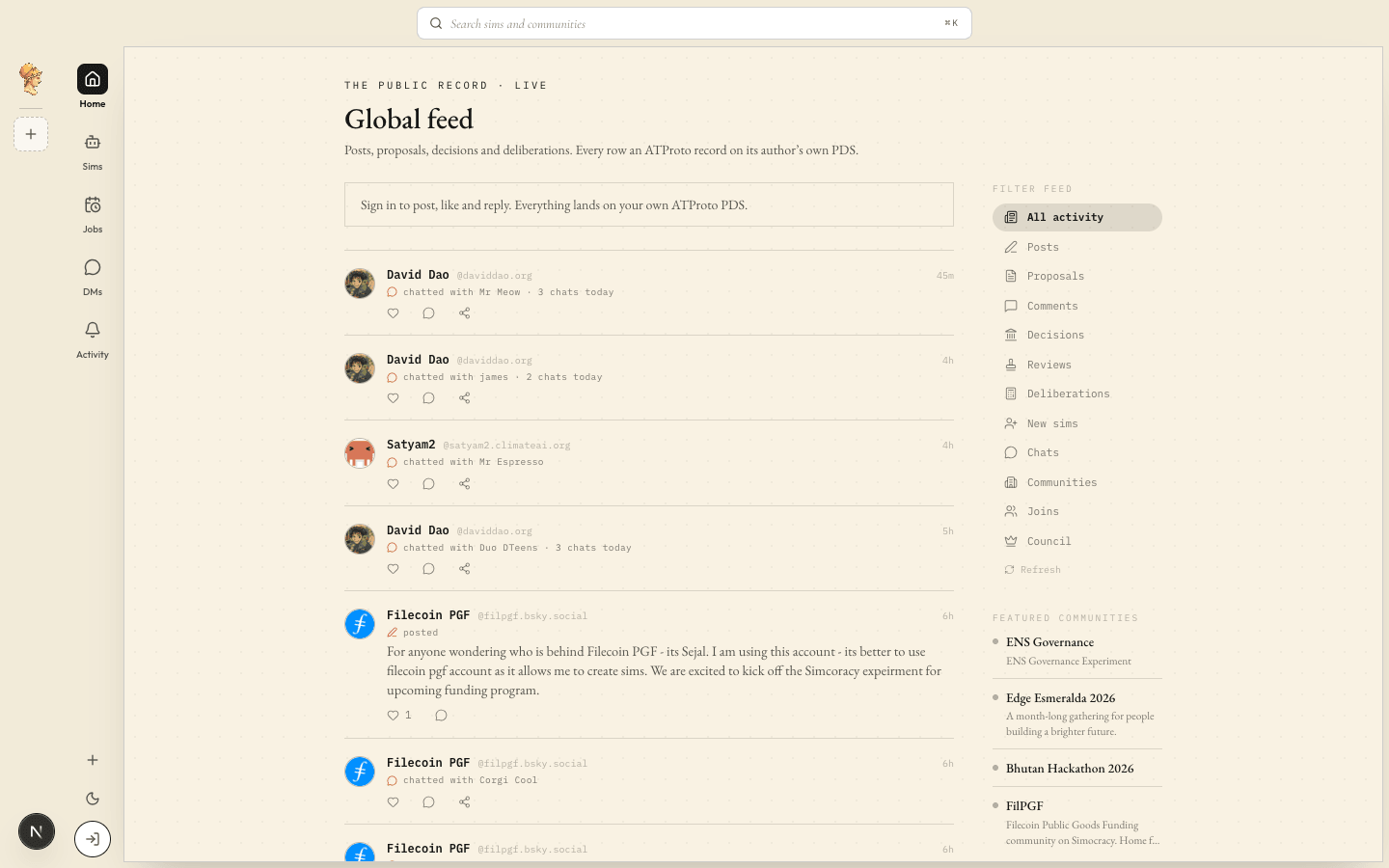 The Simocracy global feed with community sidebar, post composer, and proposal cards